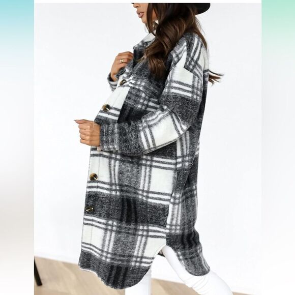 Plaid Shirts Women Brushed Flannel Shacket Jacket Button Down Wool Blend Coat - Picture 3 of 4